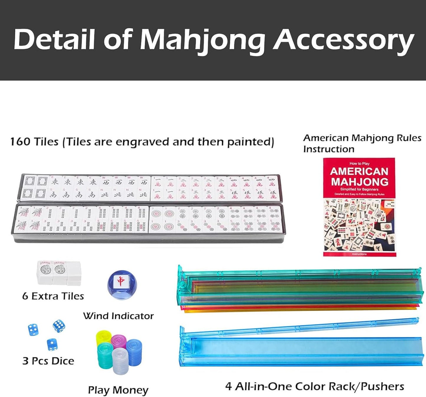 American Mahjong Game Set, 166 Quality White Tiles, 4 All-in-One Color Rack/Pushers, Mahjong Tile Set with Light Blue Printed Carrying Bag