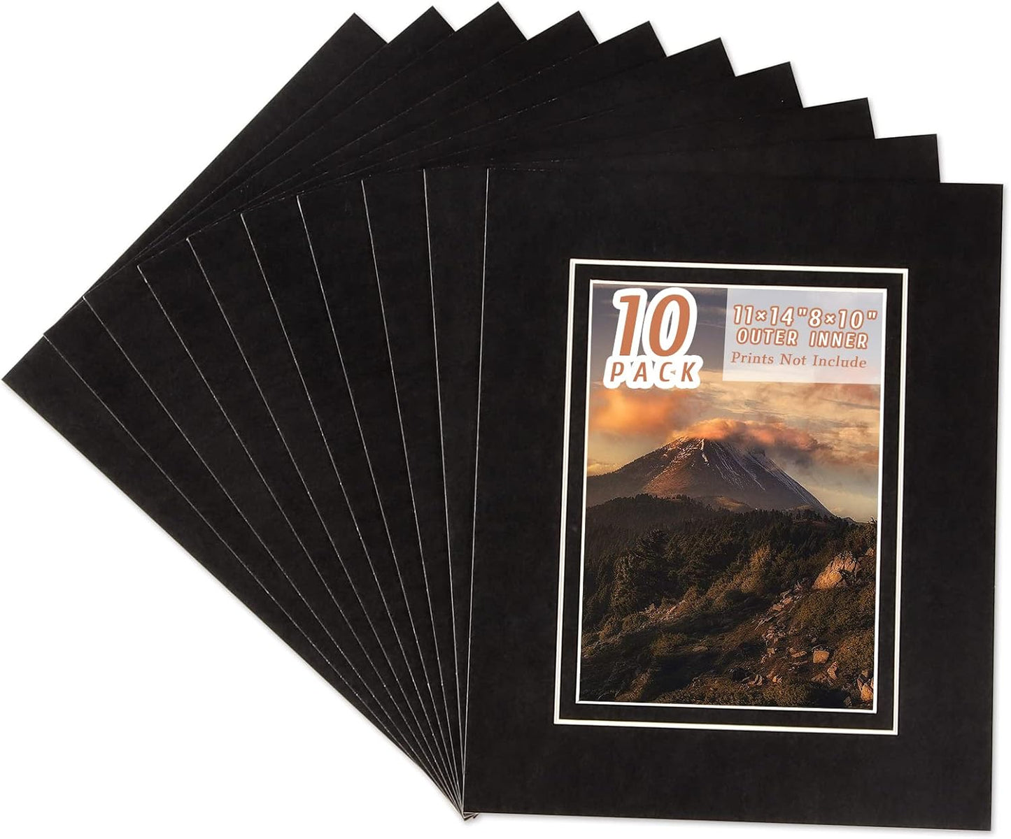 HOTUO 10 Pack Acid Free Black Picture Frame Mats, Pre-Cut 11x14 Picture Mats with Ivory Core Bevel Cut for 8x10 Photo, Signature Friendly 4 Ply Thickness Photo Mat for Frames (Black with V-Groove)