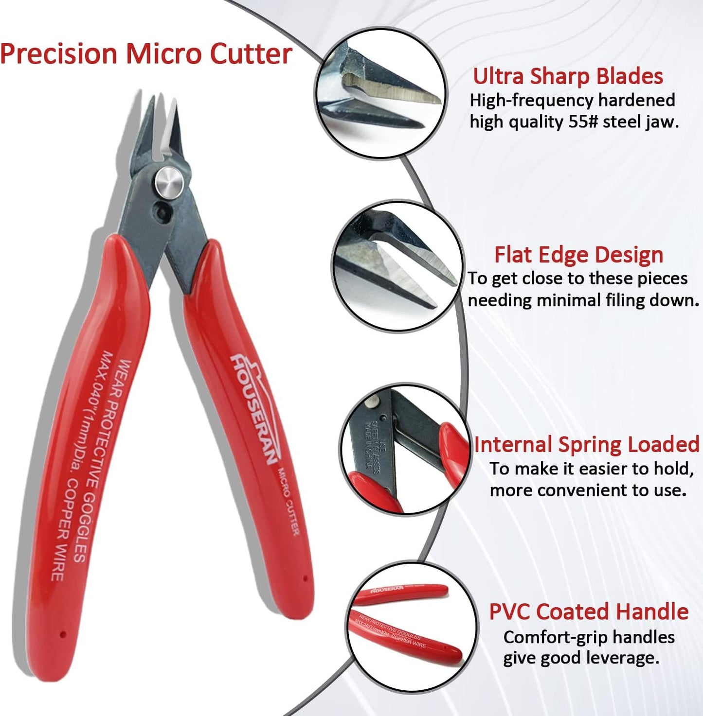 Small Wire Cutters, 5 PACK, 5 Inch Micro 170 Flush Cutter, HOUSERAN Wire Cutters Spring Loaded Cutting Pliers, Side Cutters, Diagoanl Cutters for Jewelry Making, Models, Zip Ties Plastic Wire Snips