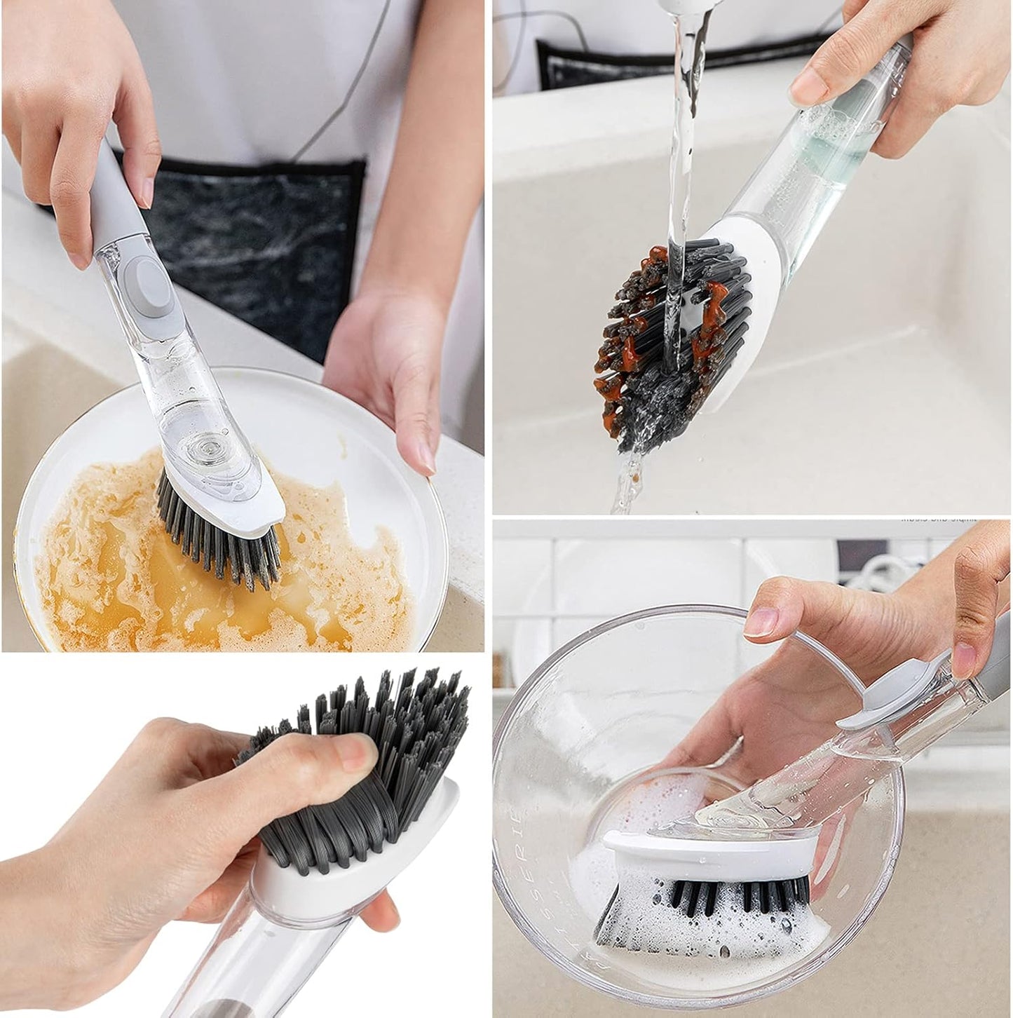 Soap Dispensing Dish Brush with 4 Replaceable Heads, Updated No Leaking Soap Dish Scrubber Soap Dispenser, Kitchen Dish Brush with Soap Dispenser for Pot Pan Sink Cleaning(Blue)