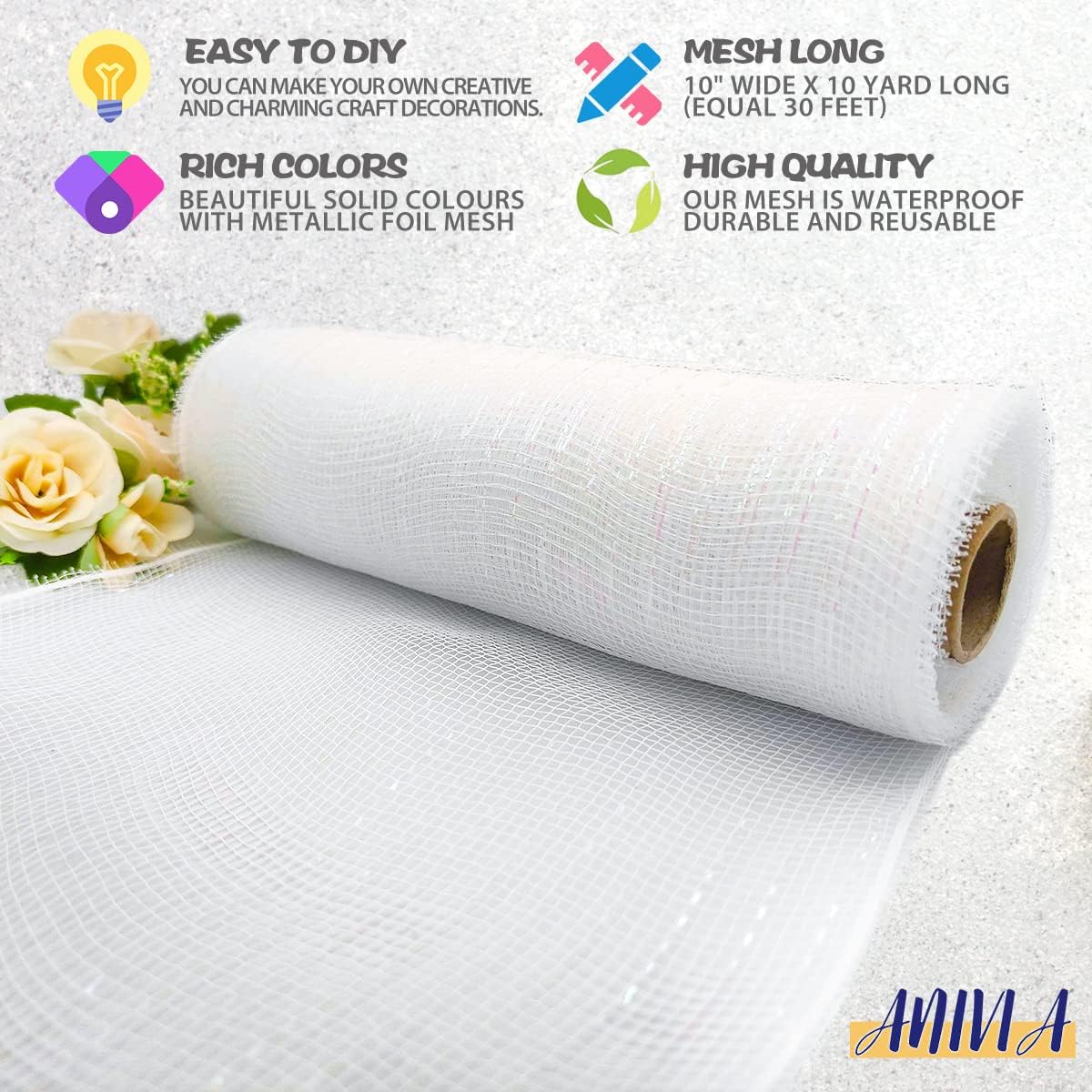 Anivia Deco Mesh Ribbon, 10inch x 30 Feet Each Roll Metallic Foil Mesh Ribbon for Wreaths Swags, Holloween, and Christmas Tree Decoration (White/Iridescent Foil)