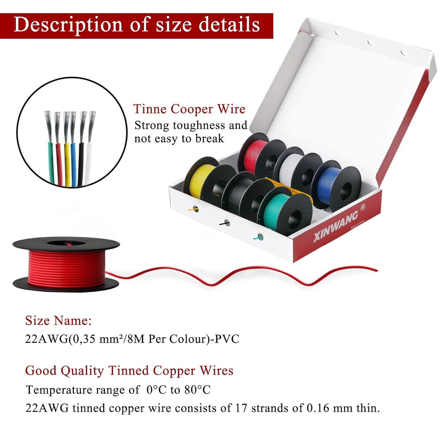 22 Gauge Electrical Wire,22 awg Wire-XINWANG 22 Gauge Stranded Tinned Copper Wire with PVC Insulation(OD:1.6 mm) 6 Colors,26ft Each, Hook Up Wire Kit