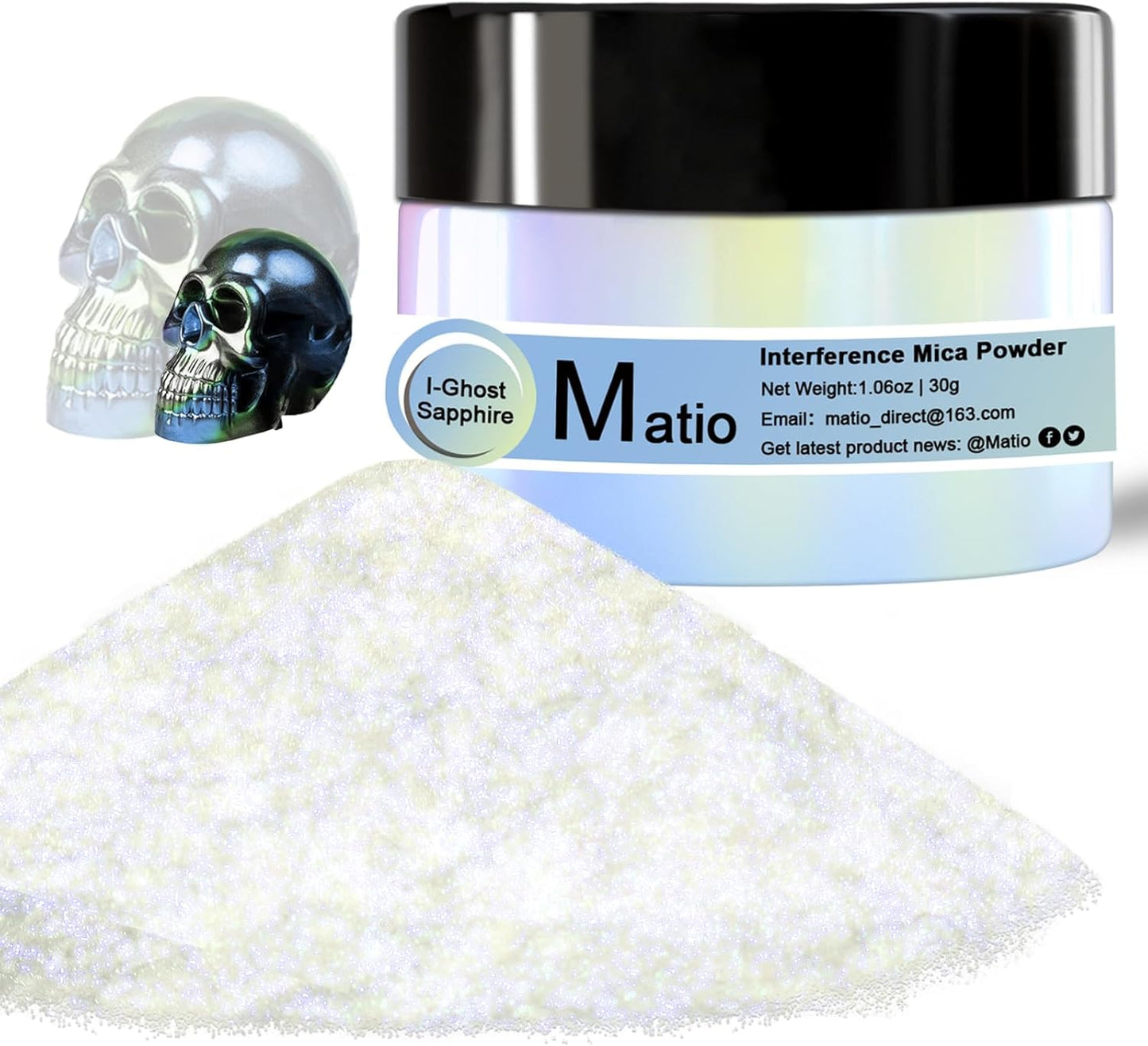 Matio Interference Mica Powder, 1.06oz/ 30g Ghost Sapphire Chrome Powder, Pearlescent Effect Color Shift Pigment for Epoxy Resin, Makeup Shimmer, Nail Polish,Soap Dye,Candle Making,Paint,Slime