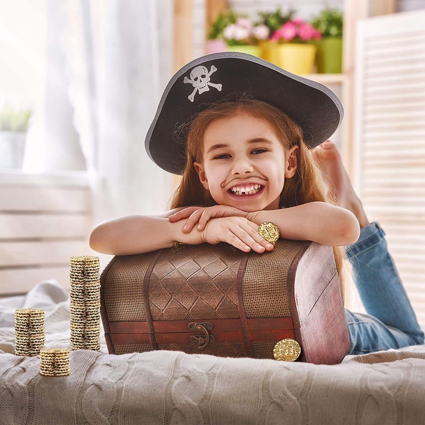 Large Metal Pirate Coins - 100 Bronze, Silver, Gold & Rose Gold Treasure Coin Set, Metal Replica Spanish Doubloons for Pirate Party Decorations & Favors, Tokens, Toys, Cosplay, Treasure Chest