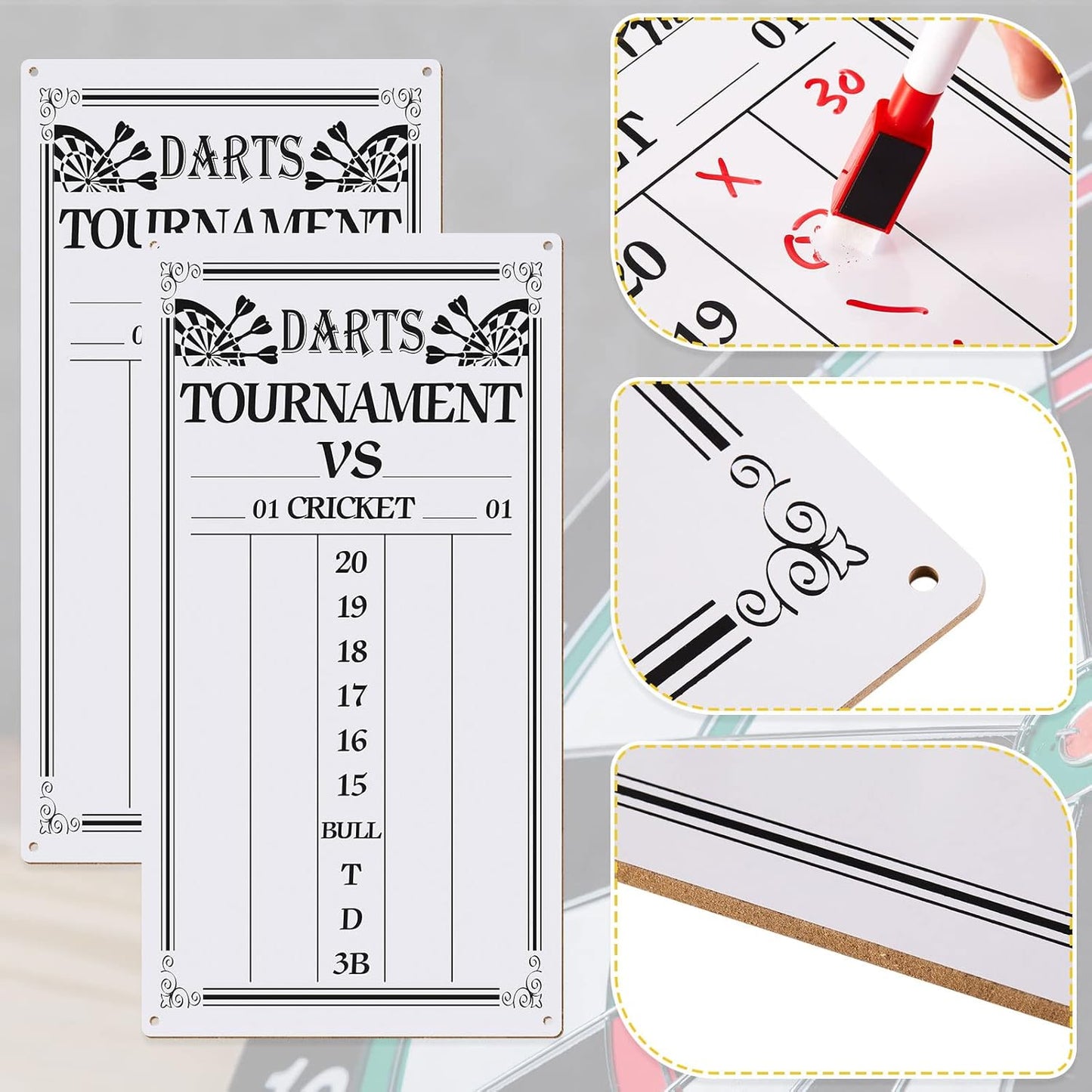 Juexica 2 Pieces Dart Scoreboard Dry Erase Scoreboard Dart Score Keeper Dart Accessories with 4 Dry Erase Markers for Cricket and 01 Dart Games, 15 x 7.8 Inches
