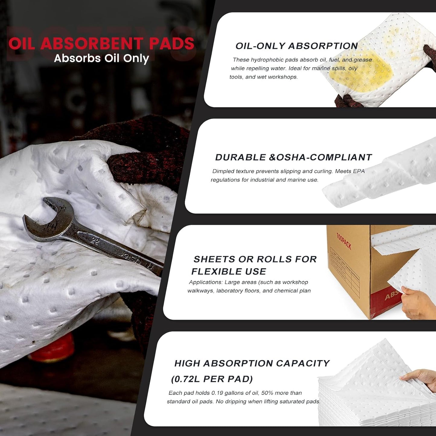 Oil Absorbent Pads Roll | 16"x20" Oil-Only Spill Mat 100-Pack | Industrial Spill Control for Oil & Fuel(24 Gal/Box) | Repels Water Absorbing Rolls
