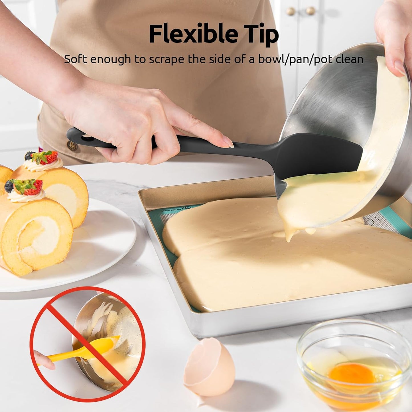 U-Taste Silicone Spatula Set, 600ºF High Heat Resistant, Seamless Food Grade Flexible Rubber Kitchen Cooking Mixing Baking Scraper for Nonstick Cookware Set of 3 (Black)