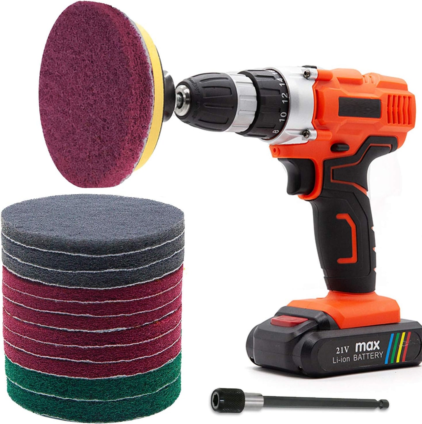Power Scrub Pads Drill Attachment, GOH DODD 15 Pieces 5 Inch Headlight Restoration Kit Cleaning Kit Scouring Pads with Baker and Universal Shaft for Kitchen, Bathroom, Grout, Carpet, Tub, Grill, Tile