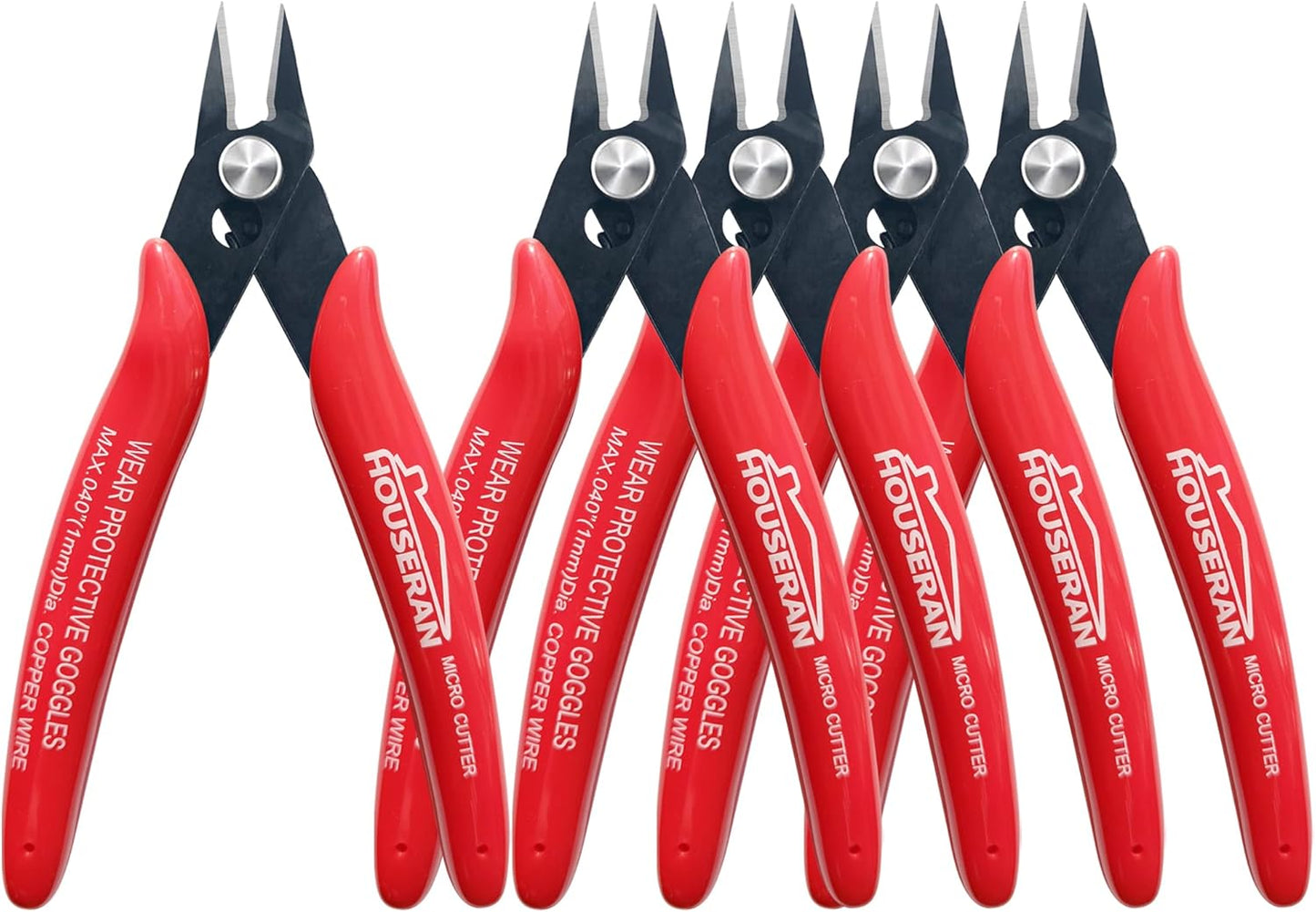 Small Wire Cutters, 5 PACK, 5 Inch Micro 170 Flush Cutter, HOUSERAN Wire Cutters Spring Loaded Cutting Pliers, Side Cutters, Diagoanl Cutters for Jewelry Making, Models, Zip Ties Plastic Wire Snips