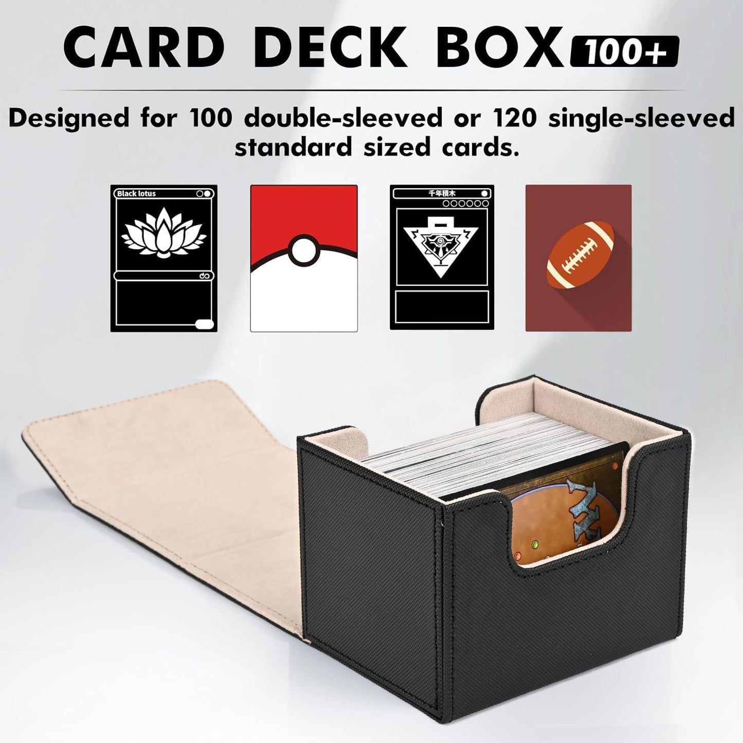 ZLCA Card Deck Box for Trading Cards, MTG Commander Deck Box Holds 120+ Single Sleeved, Leather Magnetic Card Storage Case Fits for TCG CCG Magic (Black& Gold)