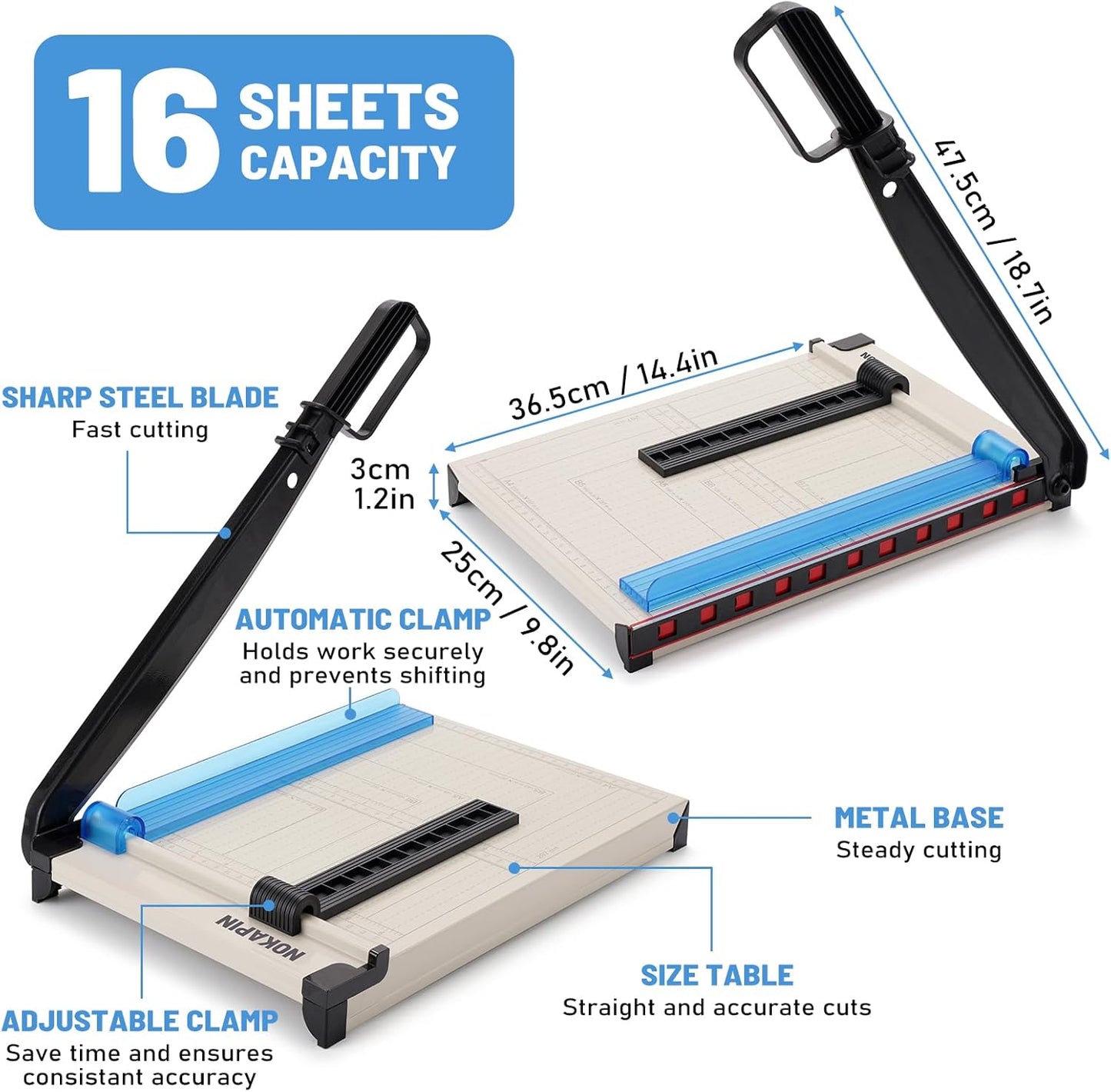 Paper Cutter, Paper Slicer with Safety Guard and Blade Lock, 12" Cut Length Guillotine Paper Cutter with 16 Sheet Capacity, Paper Cutters and Trimmers for Cardstock Cardboard (White)