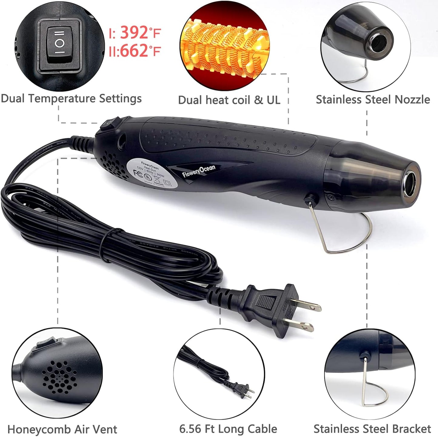 Mini Heat Gun+Reflector Nozzle Kit 350W Fast Heat Hot Air Gun Overload Protection 2 Temp Setting 392°F-662°F & 6.6Ft Long Cable for Craft Shrink WrappingTubing Stripping Paint