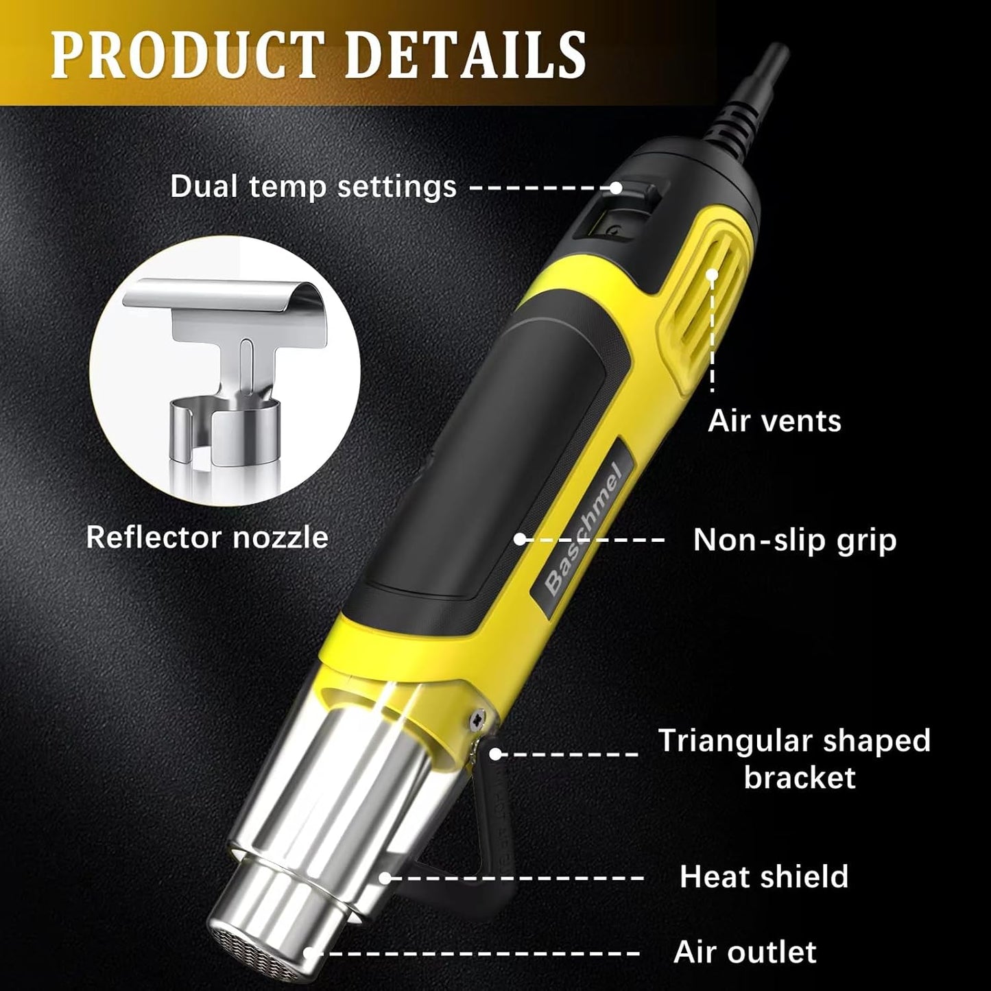 Mini Heat Gun, 500W 2-Temp 662°F-932°F (350°C-500°C) Fast Heat Hot Air Gun with 5.9Ft Cord & Reflector Nozzle for Crafting, Vinyl Wrap, Embossing, Shrink Tubing/Wrapping, Epoxy Resin