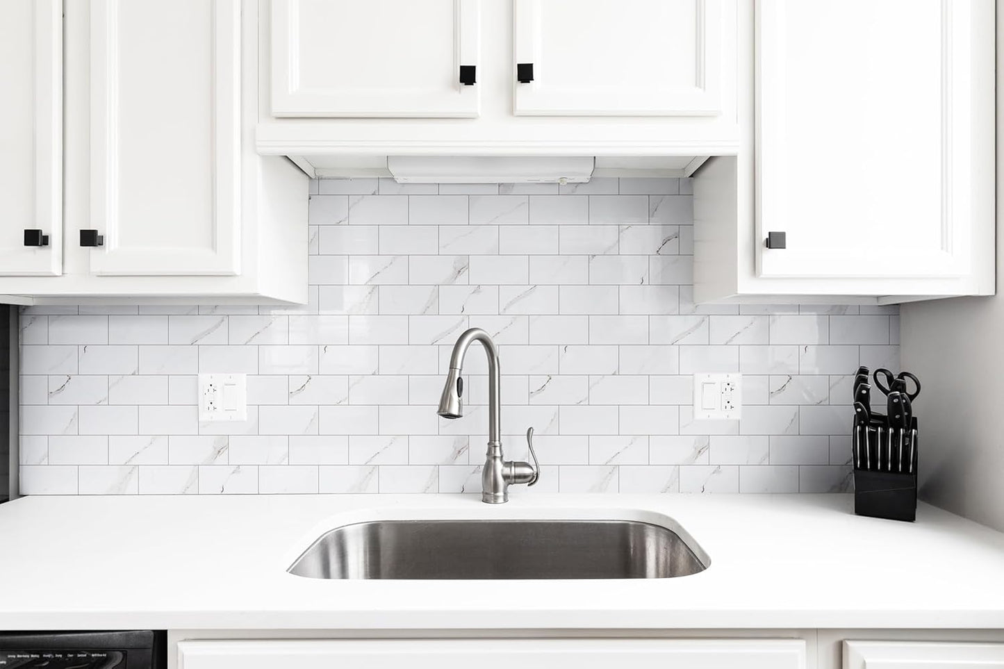 100 Pieces Peel and Stick Backsplash for Kitchen, 3" x 6" PVC Subway Tile 2025 Upgraded Glossy White Marble with White Grout Backsplash Stick on Tile Elevate Kitchen Fireplace RV