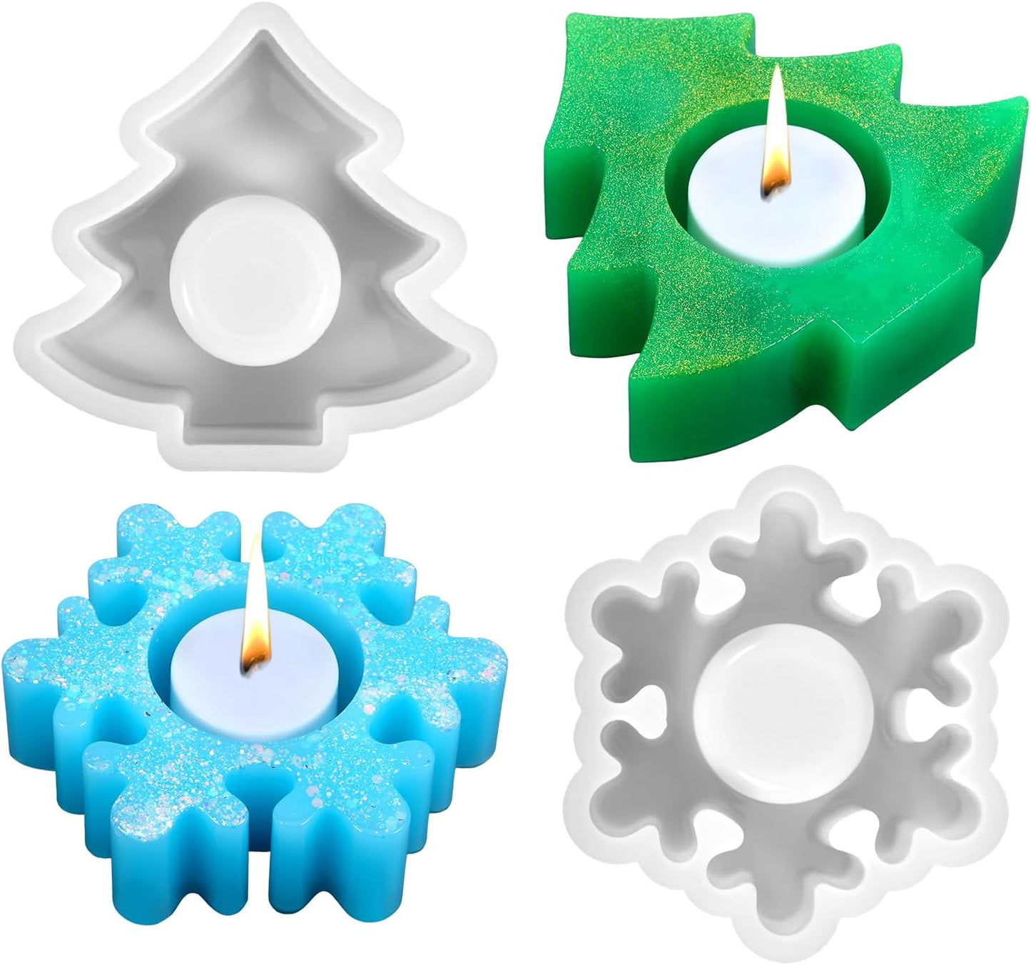 2PCS Christmas Resin Molds Christmas Tree Candle Holder Resin Molds Snowflake Silicone Resin Mold for Tea Lights Epoxy Resin Mold for Home Table Decorations Xmas Decor
