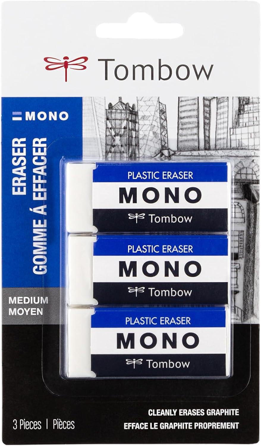 Tombow 57324 MONO Eraser, White, Medium, 3-Pack. Cleanly Removes Marks Without Damaging Paper