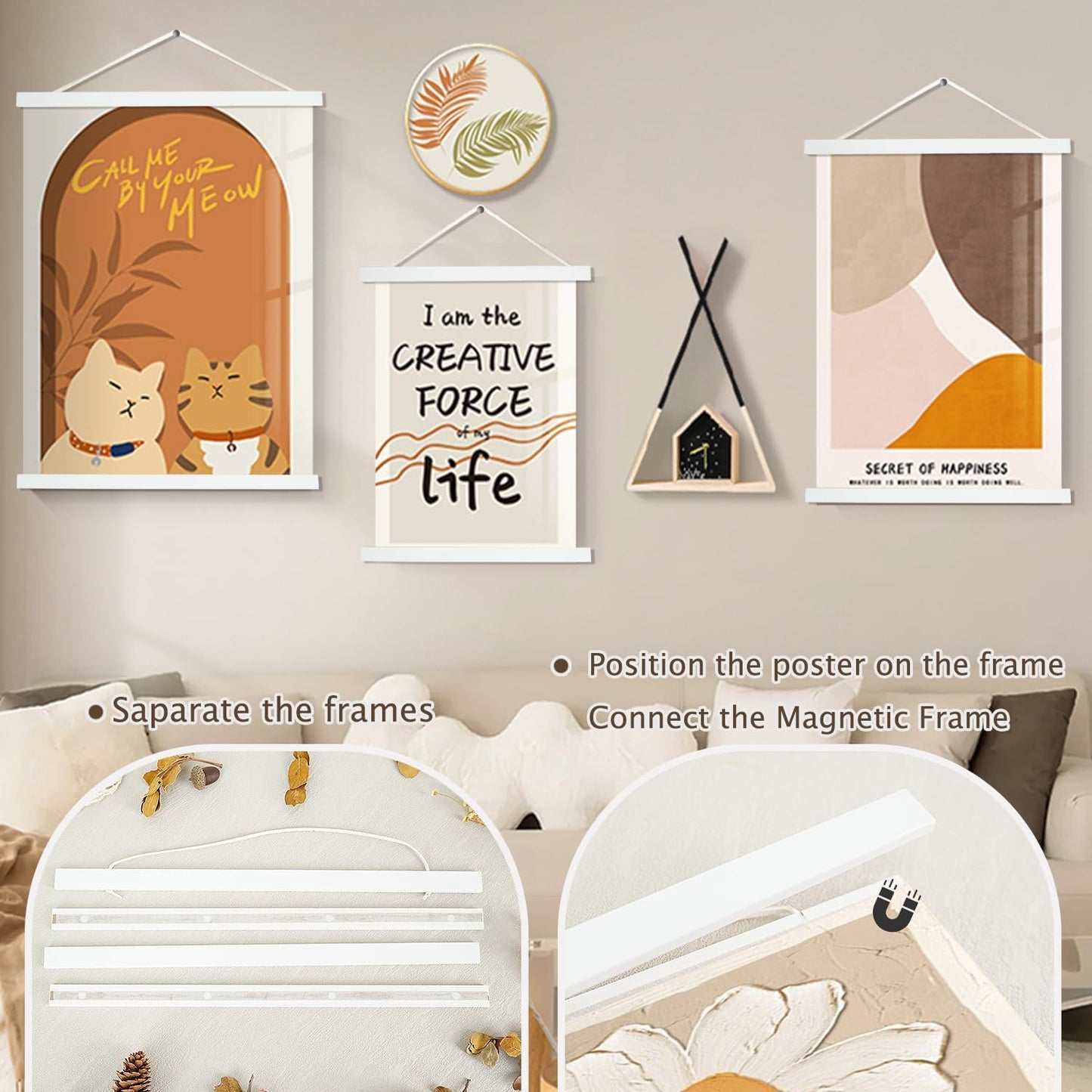 Artmag Magnetic Poster Hanger Frame, Light Wood Wooden Magnet Canvas Artwork Print Poster Hangers for 10x14 10x16 10x20 Frames Hanging Kit (White, 10")