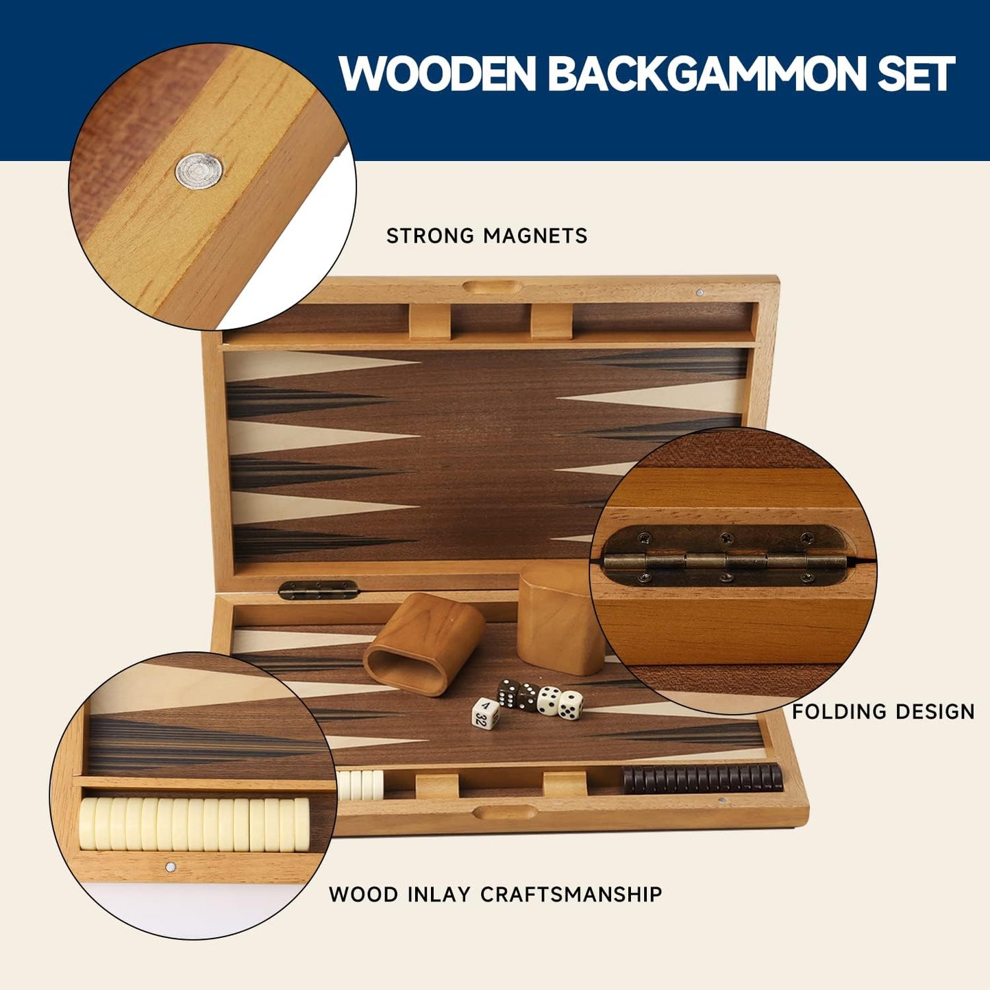 GSE Games & Sports Expert Premium Wooden Folding Inlay Backgammon Board Game Set, Classic Traditional Strategy Board Games (Focus- 17 Inches)