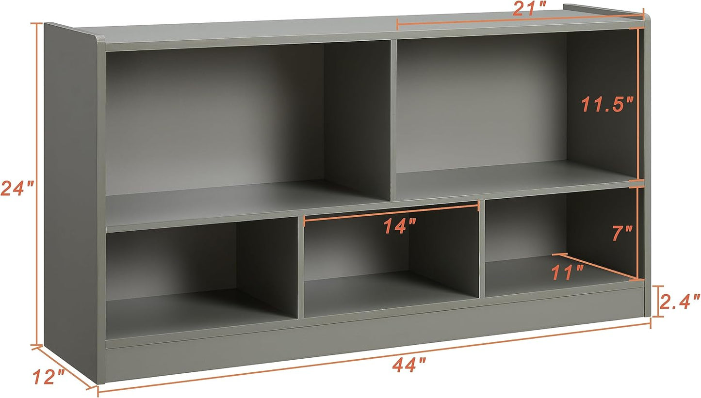 Kids Toy Storage Organizer, 5-Section Storage Cabinet for Organizing Books Toys, Wooden Bookshelf Daycare Furniture for School, Classroom Playroom, Nursery, Kindergarten (Gray)