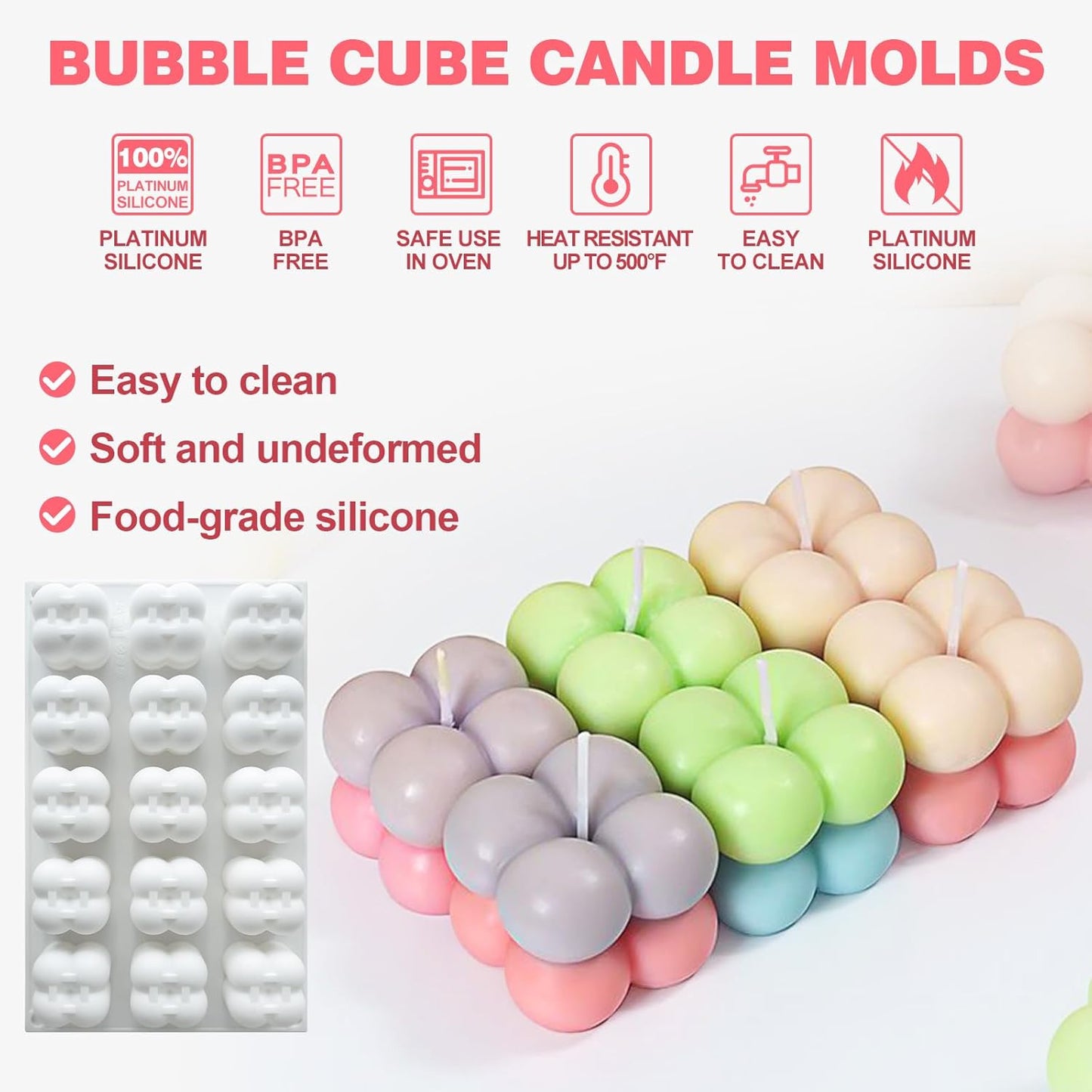 JDH 3D Bubble Candle Silicone Molds 15 Cavity Cube Silicone Candle Molds Soap Mold for Candle Making,Soap Making Bubble Cake Mold Baking Mousse Cake Dessert Jelly Ice Cream