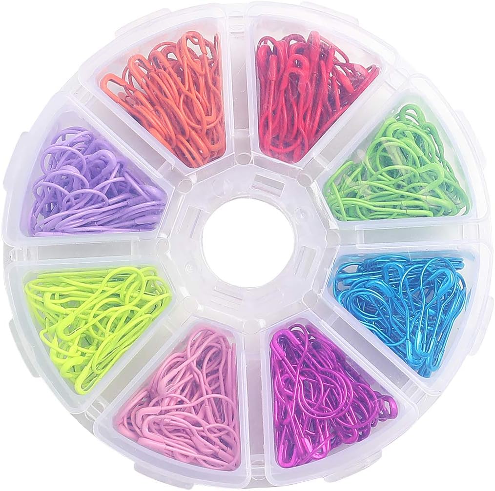 Colorful Metal Knitting Pins Stitch Markers Pear Shape Safety Pins for Sewing Clothing DIY Craft Making with Storage Box Knitting Counter Crochet Needle Clip Ring(8 colors-320pcs)