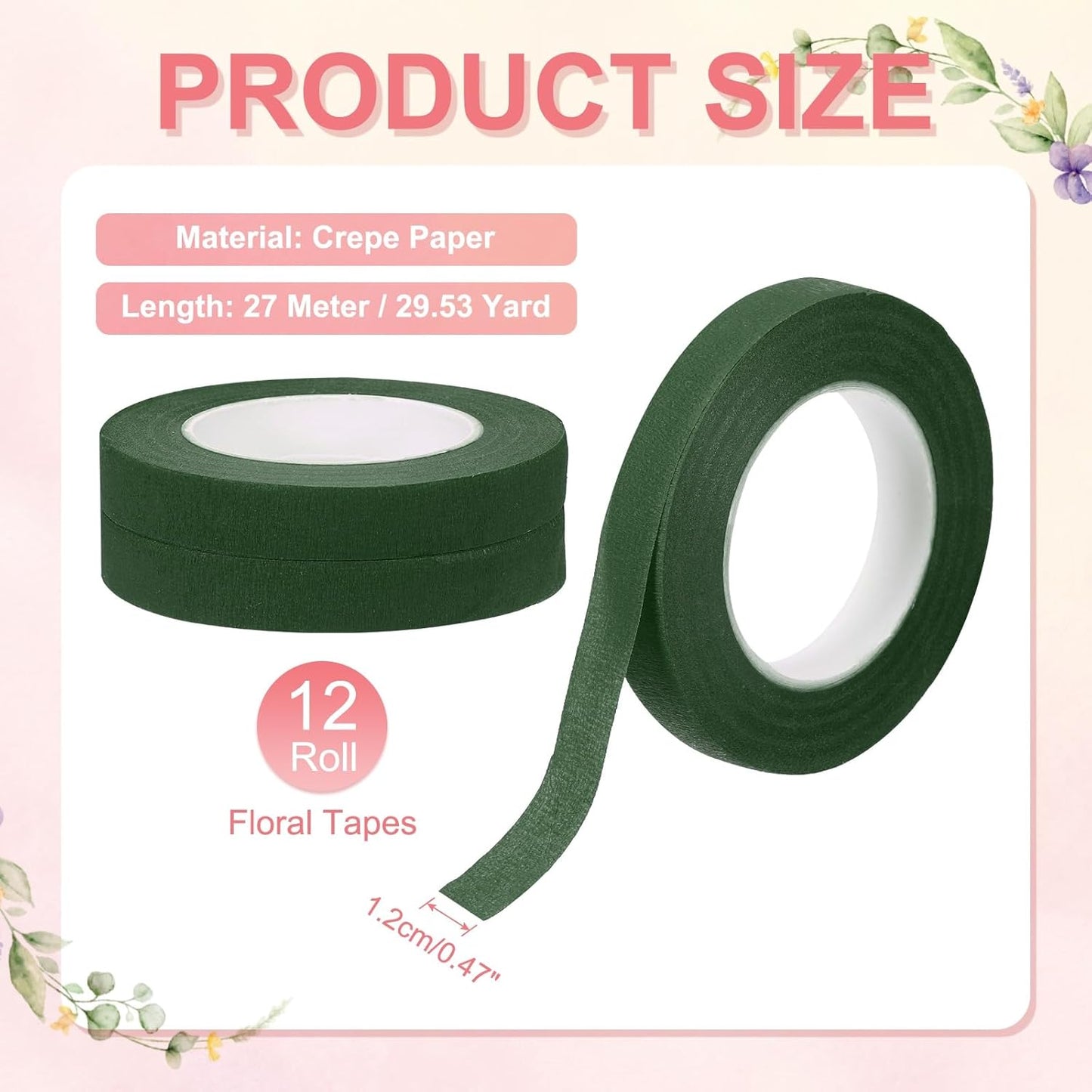 MECCANIXITY 12 Rolls Floral Tapes, 30 Yard x 1/16 in Florist Crepe Flowers Bouquets Tape Adhesive Waterproof for Flower Arranging Wrapping, Dark Green