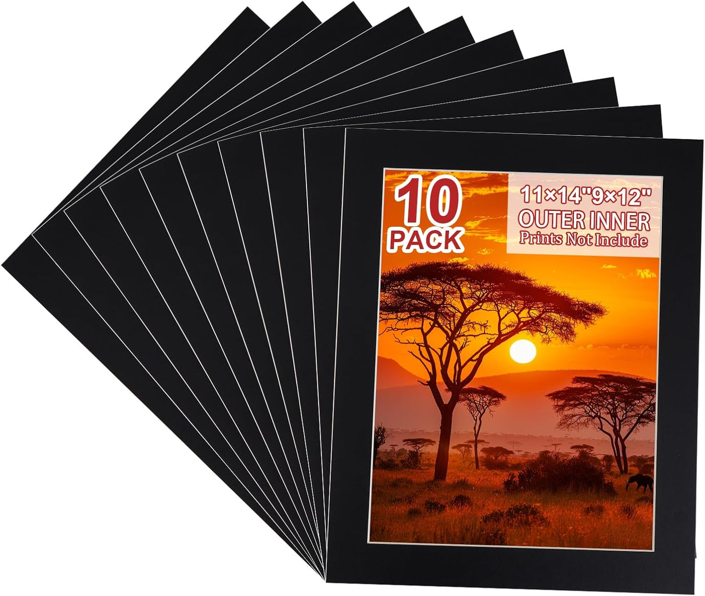 HOTUO 10 Pack Acid Free Black 11x14 Picture Frame Mats for 9x12, Pre-Cut with Ivory Core Bevel Cut, 4 Ply Thickness Photo Mat for Frames/Artwork/Prints/Pictures.