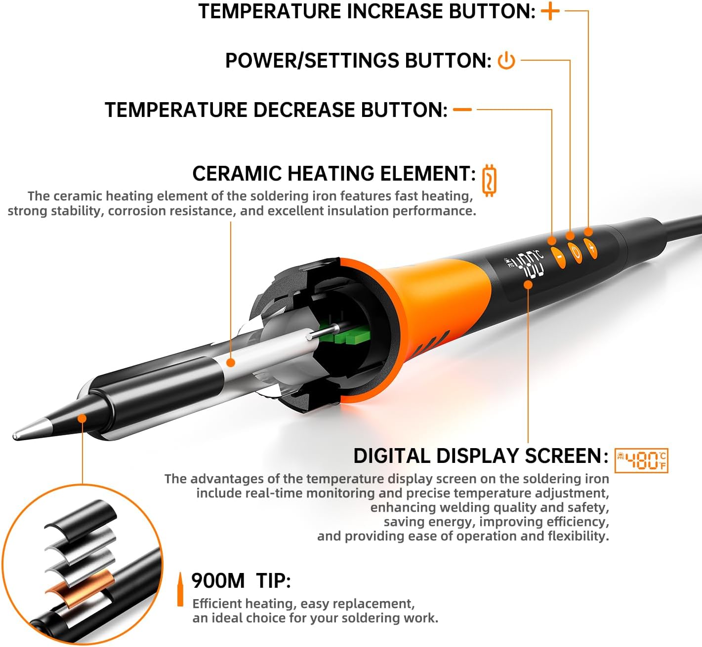 90W 110V LCD Soldering Iron, Soldering Iron Kit, 10-in-1 Soldering gun Tool, 5 Soldering Iron Tips, Solder Wire, Solder Paste, Adjustable Temperature Range 180-480°C