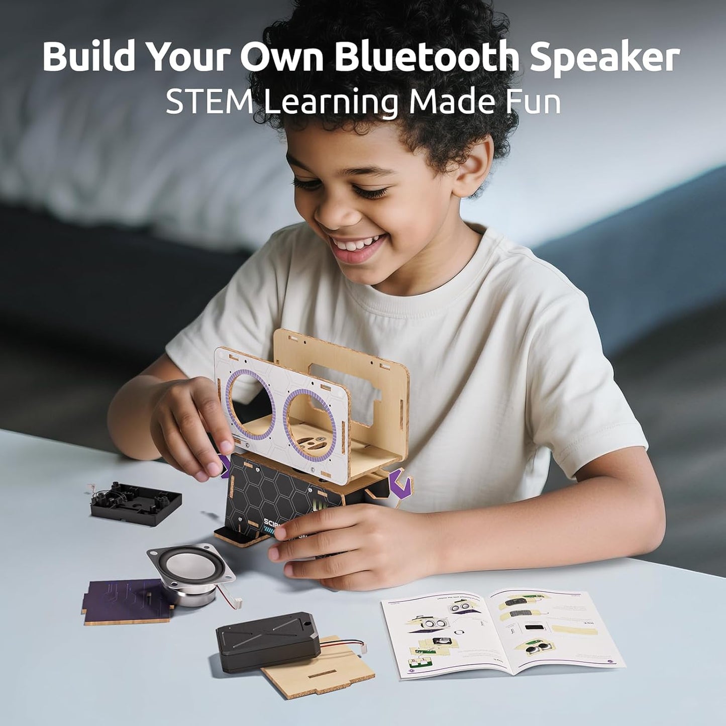 Science Can Stem Toys DIY Bluetooth Speaker, Build Your Robot Bluetooth Speaker with Rotating Head, Electronic STEM Kits with Wooden Puzzles, Gift for Teens Boys & Girls Ages 8-14
