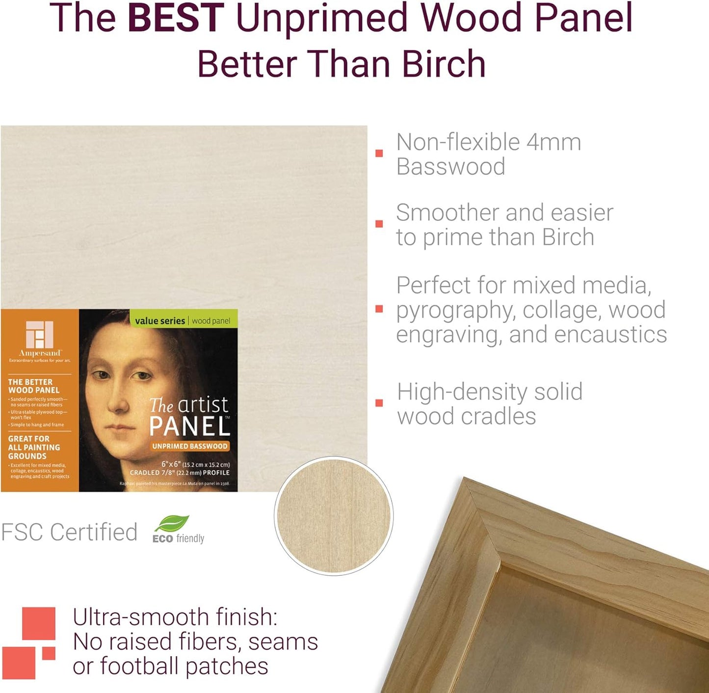 Ampersand Art Supply Unprimed Basswood Artist Panel, 7/8" Cradled Profile, 8"x8"