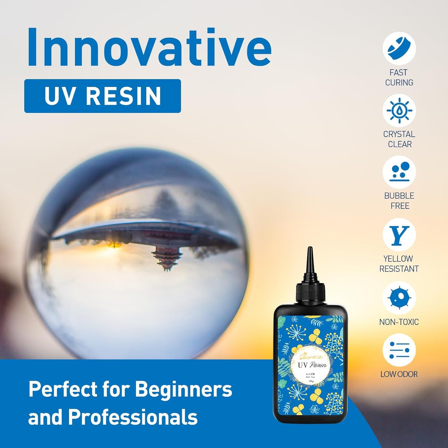 Bsrezn 200g UV Resin Kit with Light, Crystal Clear Solar Activated UV Epoxy Resin for Jewelry Making (100g x 2)
