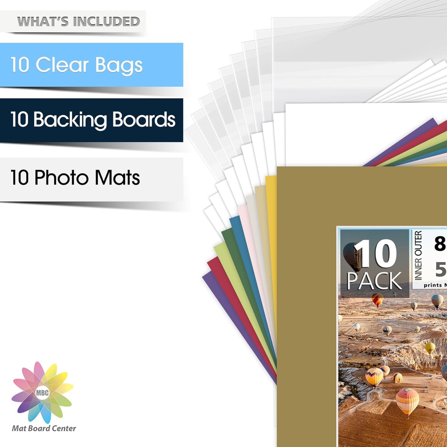 Mat Board Center, Pack of 10, 8x10 for 5x7 Mix Color Picture Mat Sets - Acid Free, 4-ply Thickness, Bevel Pre-Cut White Core - Includes Backing Boards and Clear Bags - for Pictures, Photos, Framing