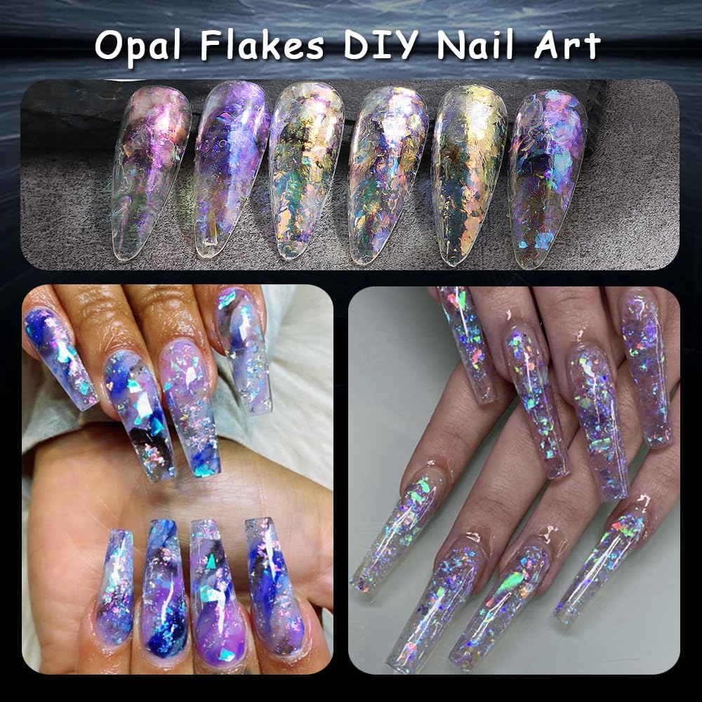 Holographic Opal Nail Art Glitter Flakes, 6 Colors Aurora Iridescent Pigment Powder Irregular Ice Crystal Mermaid Paillettes Sparkly Chunky Glitter Sequins for DIY Manicure Nail Decorations
