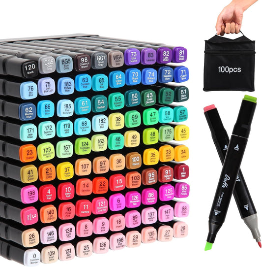 100 Colors Alcohol Markers Set, Dual Tips Blender Art Markers for Drawing Sketching Coloring Artist Pens and Underlining, Professional Permanent Sketch Marker for Kids Adult Coloring