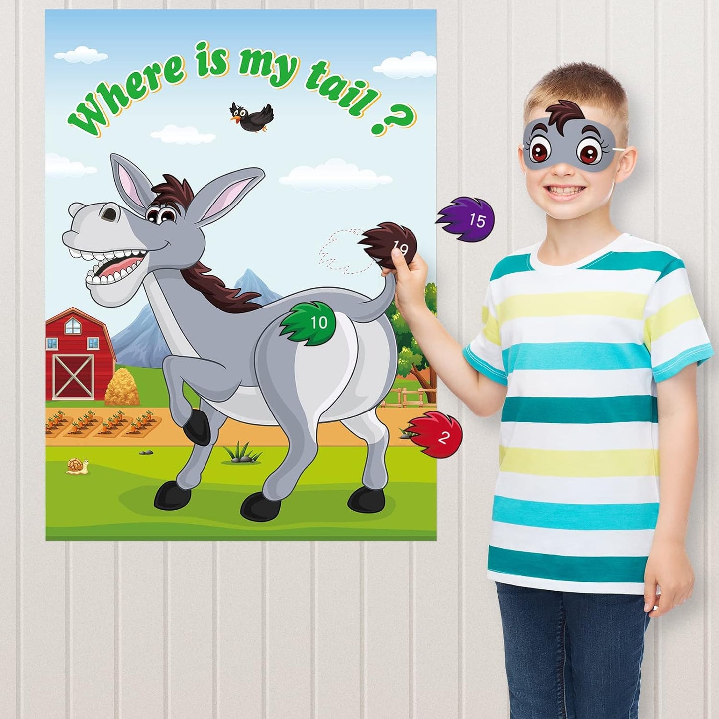 ASTARON Pin The Tail on The Donkey Game with 30 Tail Stickers for Birthday Party Carnival Circus Supplies