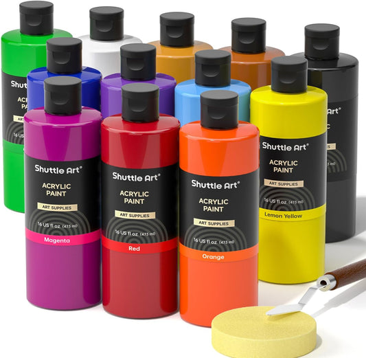 Shuttle Art Acrylic Paint, 12 Colors Acrylic Paint Large Bottle Set, 473ml/16oz Each, Rich Pigments, High Viscosity, Bulk for Artists, Beginners and Kids on Rocks Crafts Canvas Wood