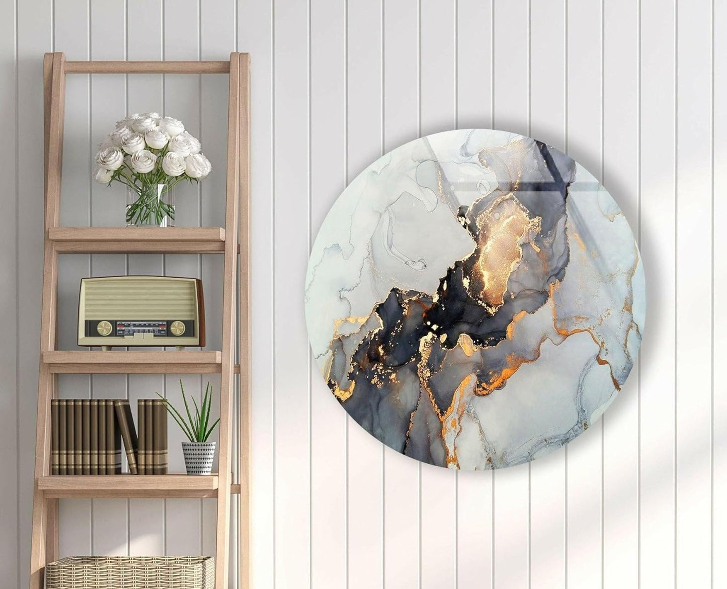My Photostation.com 15.8''(40cm) Diameter Gold Details Gray Marble Round Glass Wall Art Tempered Glass Printing Wall Decor Large Wall Art Wall Hangings