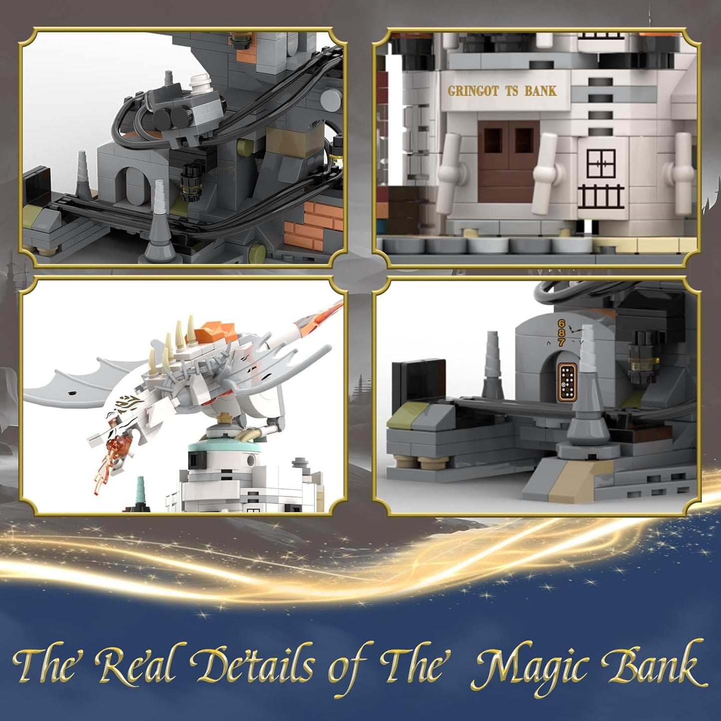 WINNER SPACE Lighting Magic Castle Wizarding Bank Building Sets, Magic Castle Architecture Model Collection Display, Dragon Toys, Ideas Building Toy for Adults Boys Girls (1056 PCS)