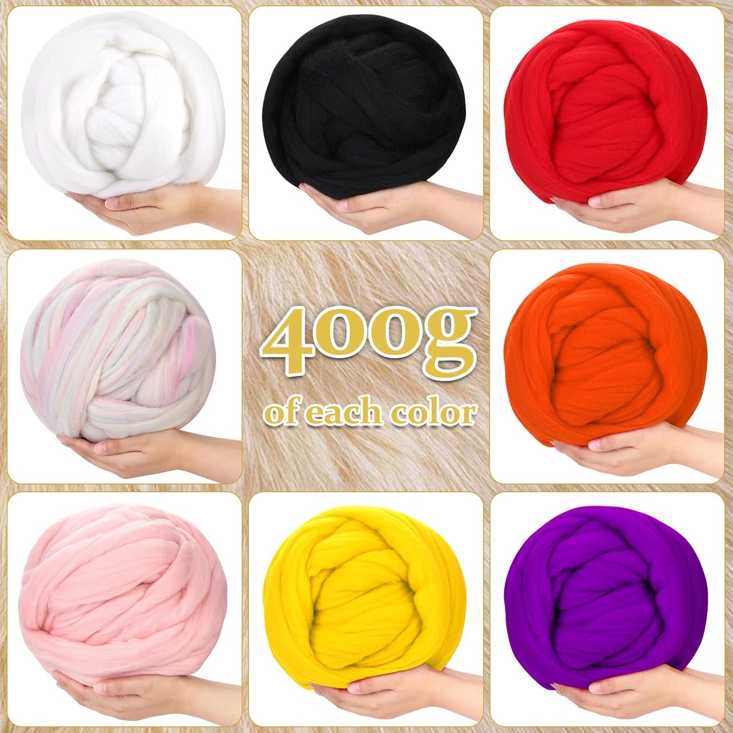 QMNNMA 14.1oz Wool Roving Yarn, Fiber Roving Wool Top, Felting Supplies, Chunky Yarn, Handmade Carded Core Wool for Wet Felting DIY Hand Spinning
