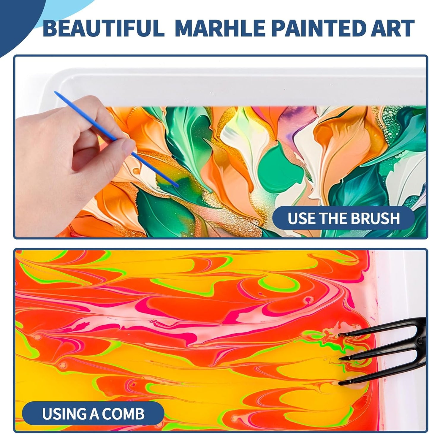 Water Marbling Paint Kit for Kids, Arts & Crafts, Non-Toxic, Age 3-12, Includes 6 Colors, 10 Sheets, Tools, 12 Shells, 2 Display Boxes