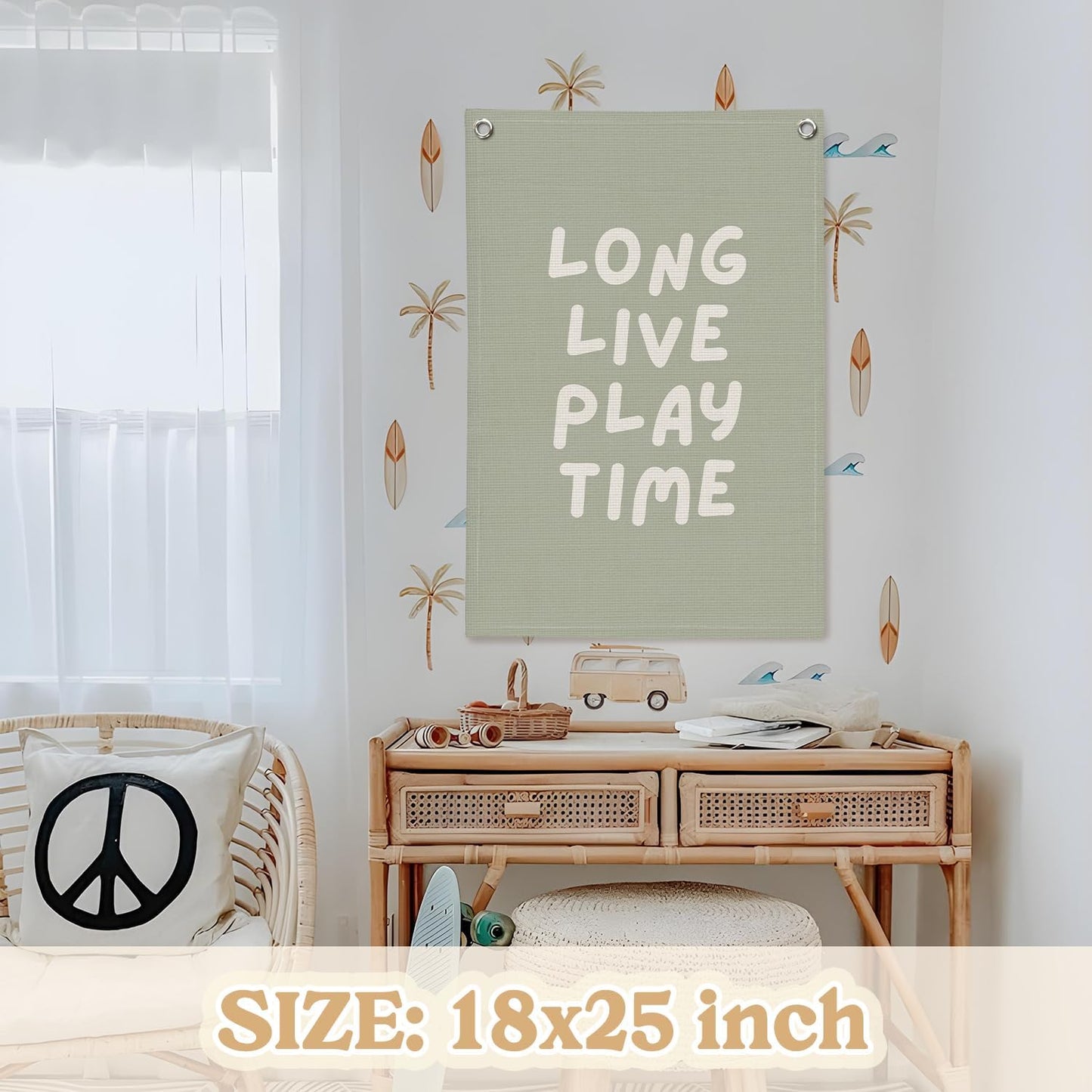Playroom Decor,Long Live Playtime Wall Hanging Linen Banner,Sage Green Striped Wall Flag for Kids Room Nursery Playroom Decor,18x25 Inch