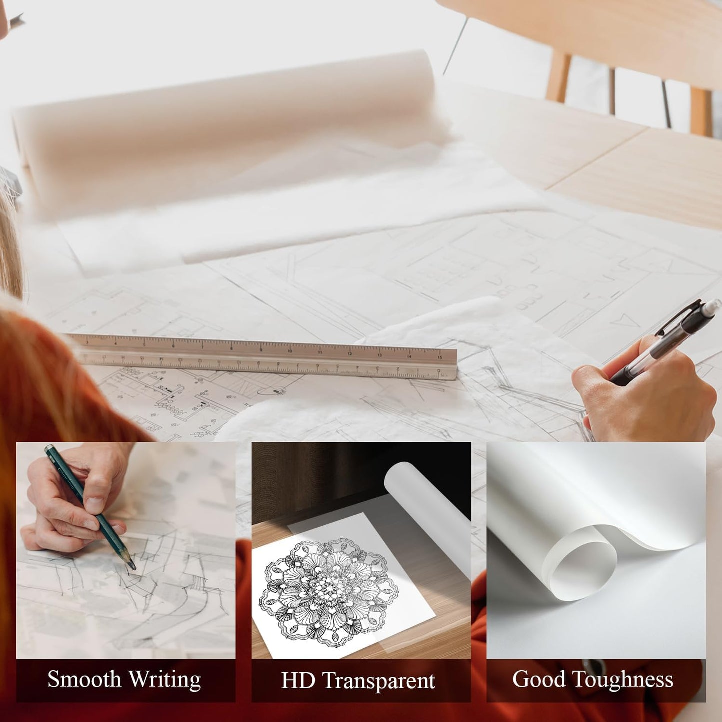 SuFly Tracing Paper Roll 18 Inch Wide x 30 Yards - Smooth Transparent 30lb/50gsm Trace Paper Roll for Drawing, Sketching, Sewing Patterns & Technical Drafts.