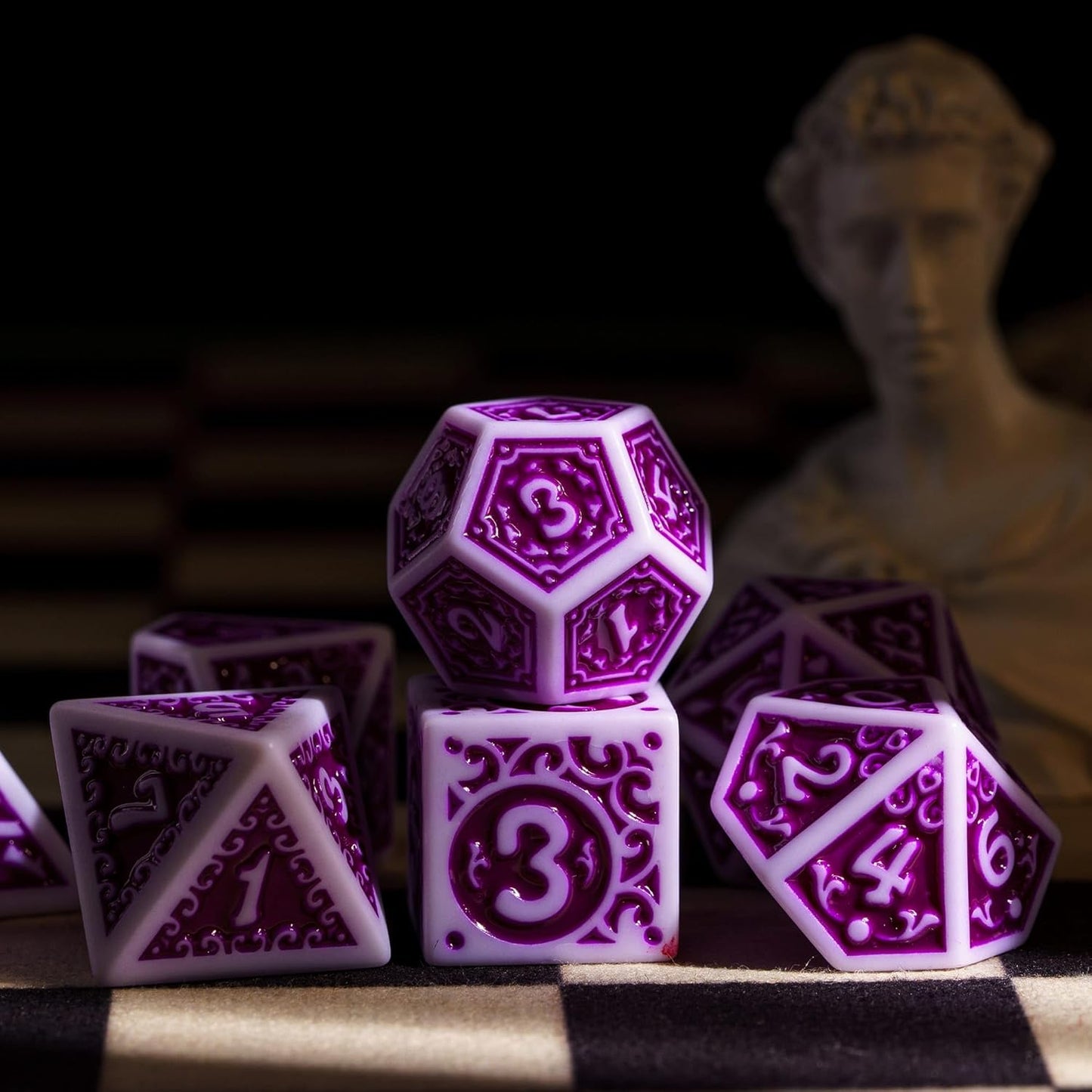 7-Die DND Dice Set New Pattern Polyhedral Dice Set with Leather Bag D&D Die for RPG Table Games(White Purple)