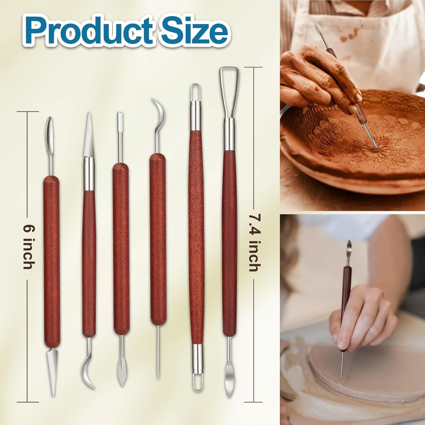 Amrules Clay Tools Kit, 6 PCS Red Wooden Clay Sculpting Tools, Double Head Practical Polymer Tool Set Suitable for Adults, Pottery Craft, Carving, Modeling and Shaping