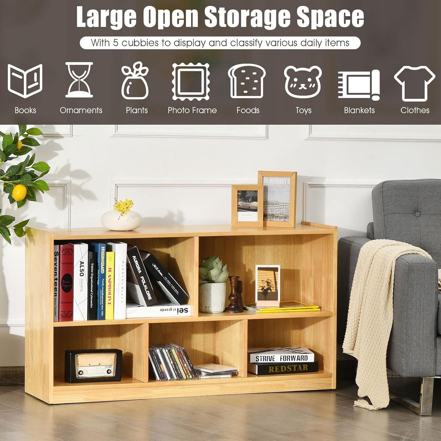 Tangkula 5 Cube Bookcase, 2 Tier Wooden Storage Open Bookshelf, Multipurpose Display Storage Cabinet for Living Room, Bedroom, Hallway, Kid's Playroom, Reading Nook (Yellow)