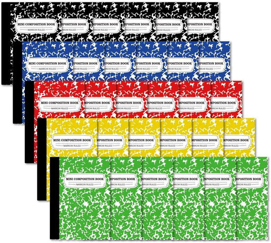 Composition Notebook, Mini Sized 30 Pack 5 Colors Narrow Ruled Mini Composition Books Bulk by Feela, Small Pocket Marble Cute Journal Notebooks for Kids School Home Office, Pocket Sized 4.5 x 3.25 in