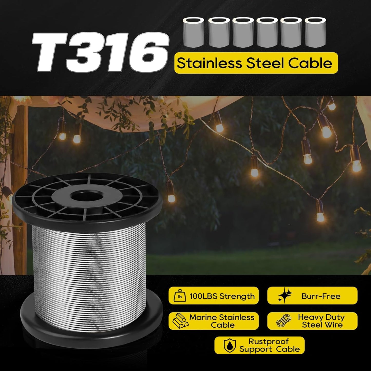 316 Stainless Steel Cable, 200FT 1/32IN Wire Rope 7 * 7 Strand with 50Pcs Aluminum Sleeves Stops, Guide Wire for Outdoor String Lights for String Lights Hanging, Clotheslines, Trellis (200FT)