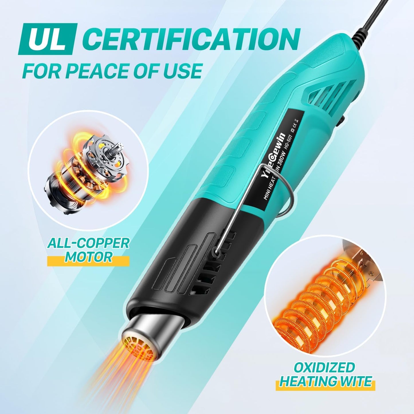 Heat Gun, 380W Fast Heat Mini Hot Air Gun with 2-Temp Settings 480°F-850°F(249°C-455°C) Overheat Protection Reflector Nozzle, 4.9Ft Long Cable for Shrink Wrap,Vinyl, Crafts, Epoxy Resin