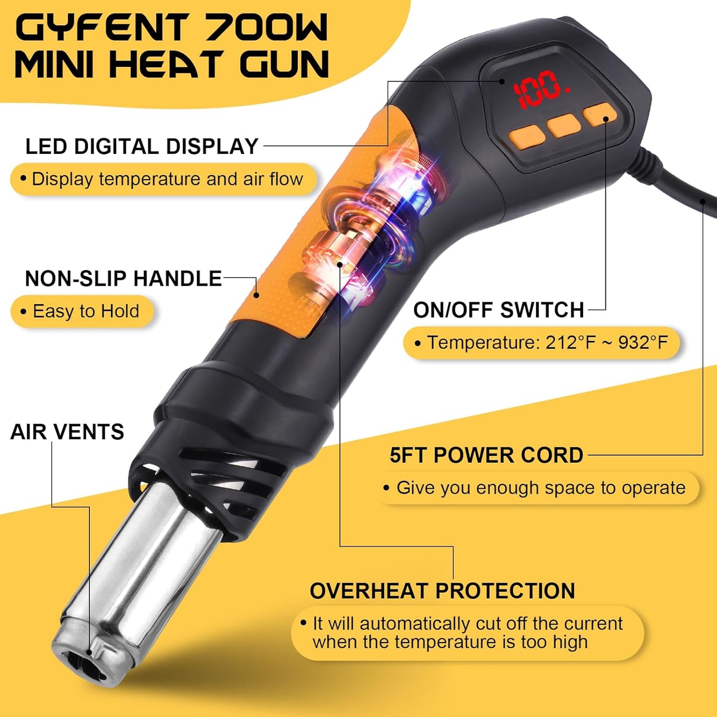 Heat Gun, 700W 212°F~932℉(100°C~500°C) Mini Soldering Heat Gun Hot Air Rework Station with LED Digital Display & 5Pcs Nozzles & 5Pcs Accessories for Crafting Shrink Tubing Electronics DIY(5FT)