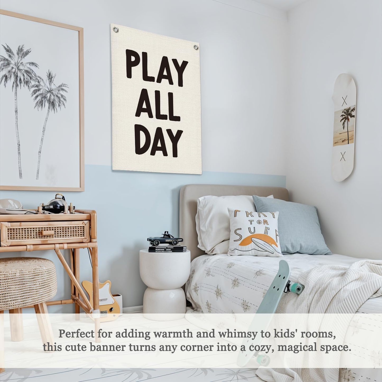 Playroom Wall Decor Linen Canvas Banner,Play All Day Wall Hanging Flag Banner for Kids Nursery and Playroom Wall Decor,Stylish Room Decor for Boys and Girls 18x25 Inch